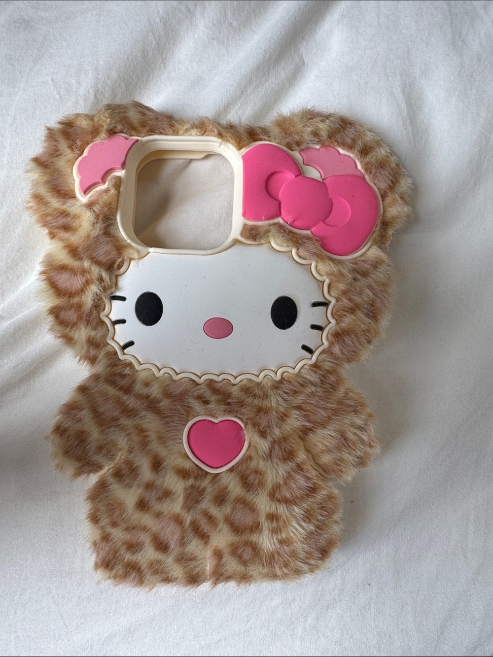 Hello Kitty Leopard Faux Fur Phone Case with Pink Accents and Heart